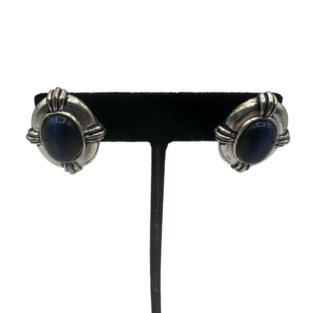 Silver & Blue Oval Cabochon Stud Earrings Fashion Chunky Grannycore